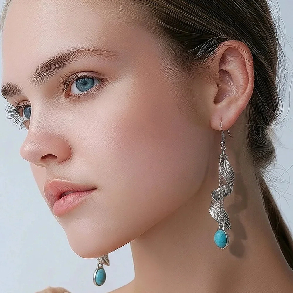 NOC SW Silver Twist Feather Faux Turquoise Stone Long Dangle Pierced Earrings